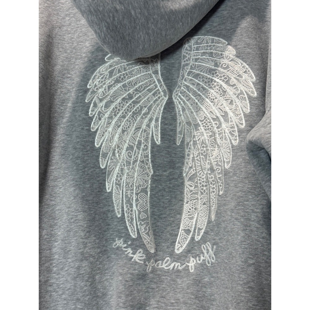 Pink Palm Puff Lacy Hoodie Sky Grey Large Angel Wings Embroidered Oversized - Picture 7 of 10